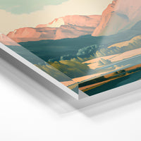 Gros plan de la matière : le tirage sous verre acrylique, tranche transparente visible.