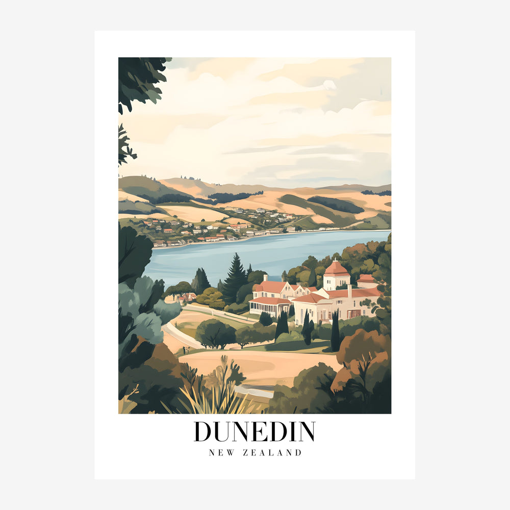 Affiche de voyage représentant la baie de Dunedin avec une demeure en architecture méditerranéenne, des collines ondulantes.