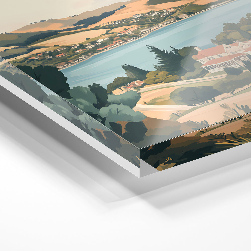 Gros plan de la matière : le tirage sous verre acrylique, tranche transparente visible.