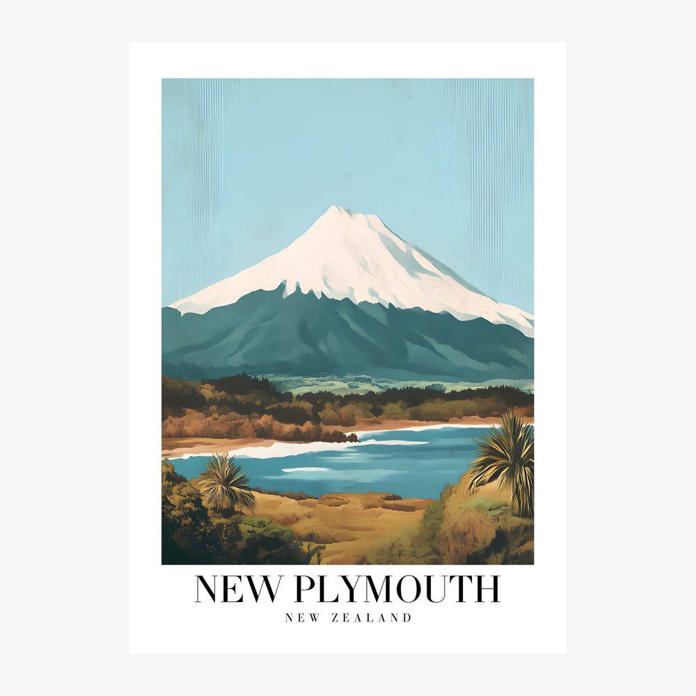 Affiche de voyage rétro montrant une montagne enneigée blanche dominant un lac turquoise entouré de forêts marron sous un.