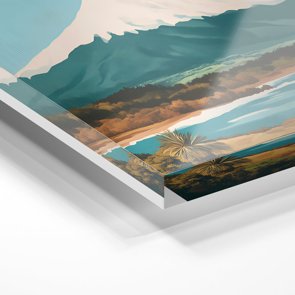 Gros plan de la matière : le tirage sous verre acrylique, tranche transparente visible.