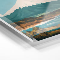 Gros plan de la matière : le tirage sous verre acrylique, tranche transparente visible.