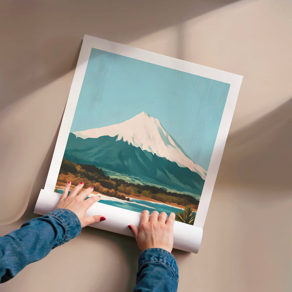 Affiche New Plymouth, montagne et lac bleu — Poster HP mat