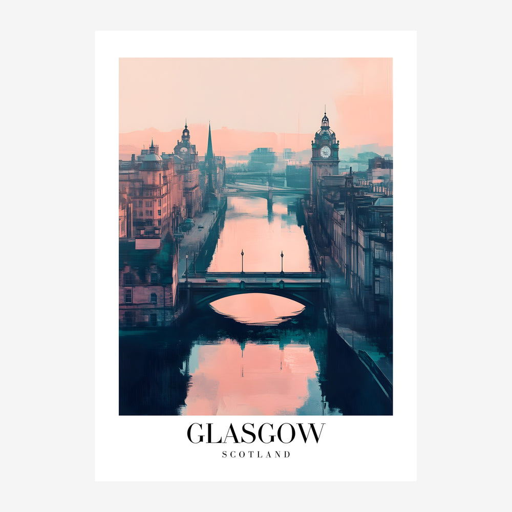 Affiche de Glasgow montrant le fleuve et les ponts au coucher de soleil rose, avec des bâtiments historiques et un ciel.