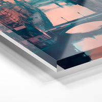 Gros plan de la matière : le tirage sous verre acrylique, tranche transparente visible.
