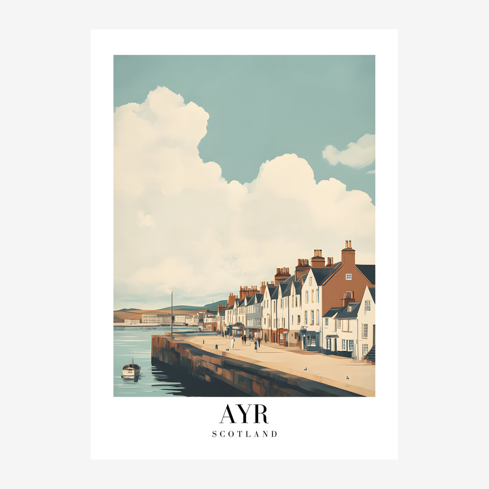 Affiche vintage représentant une promenade côtière avec des maisons en briques rouges et crème le long d'un quai, sous un.