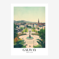 Affiche de voyage rétro représentant une vue aérienne d'une ville avec place centrale et fontaine, entourée de bâtiments.