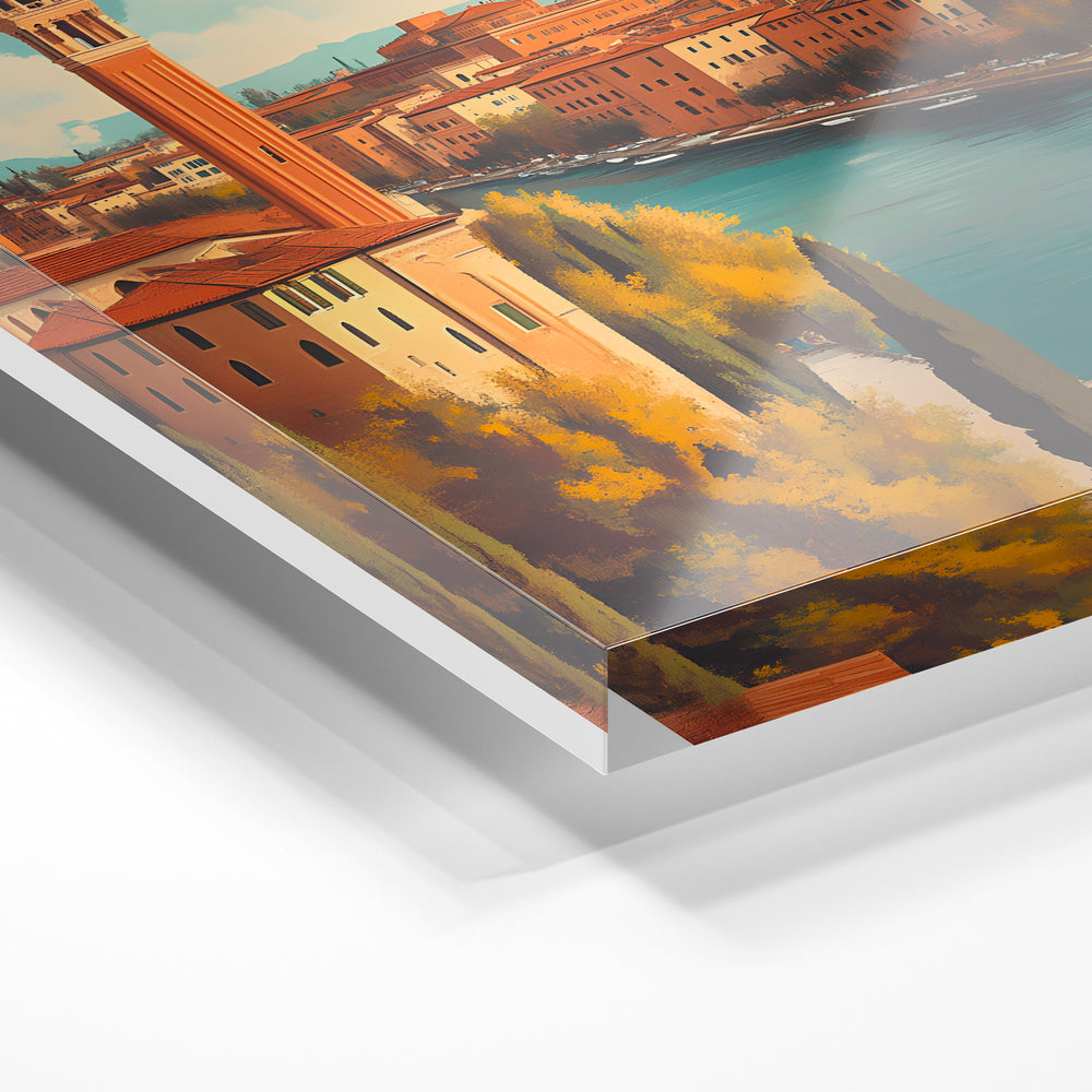 Gros plan de la matière : le tirage sous verre acrylique, tranche transparente visible.