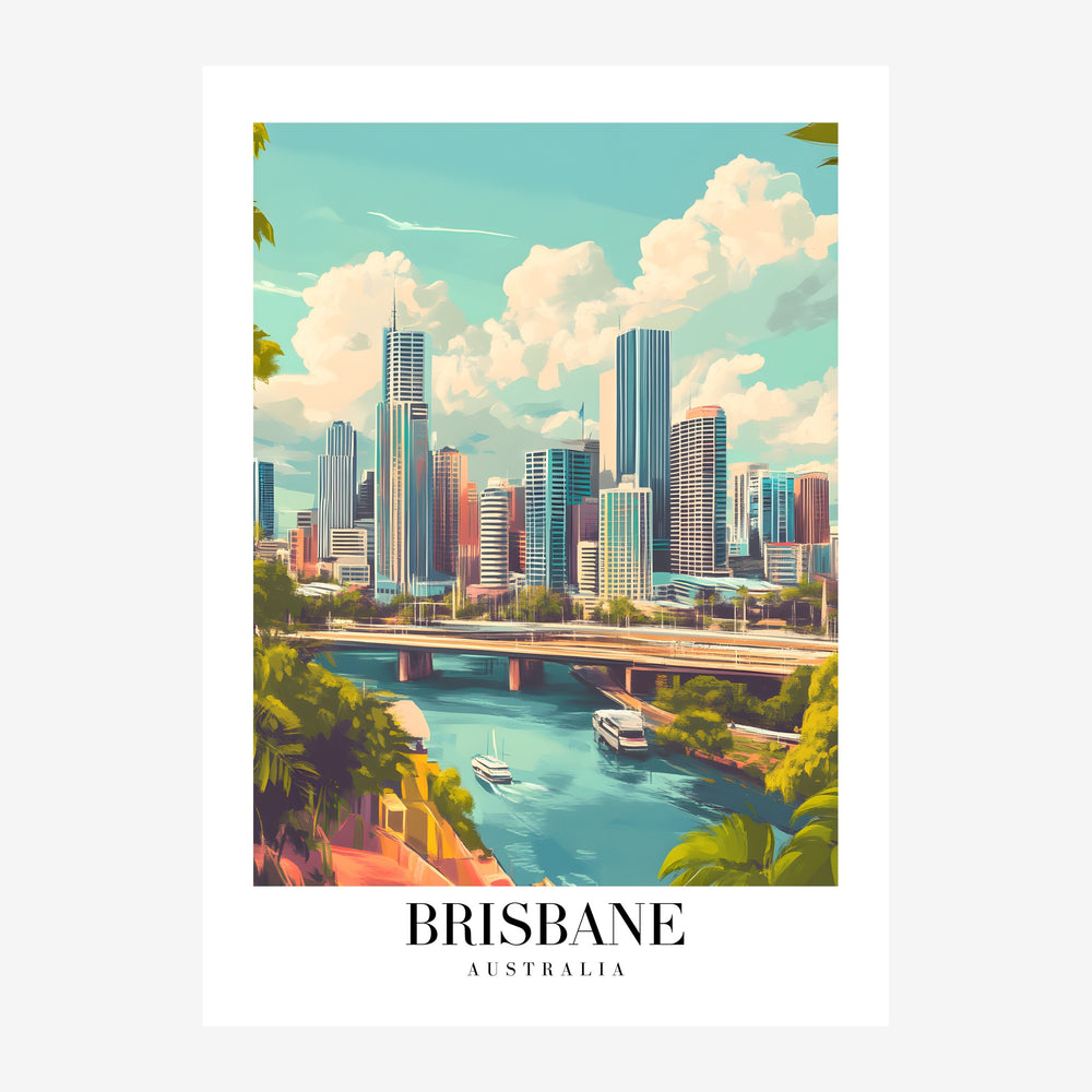 Affiche vintage représentant la skyline de Brisbane avec ses gratte-ciel colorés sous un ciel turquoise nuageux, un fleuve.