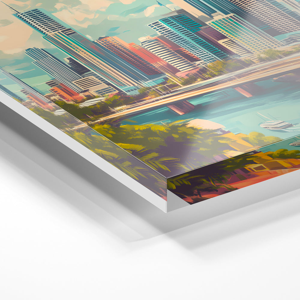 Gros plan de la matière : le tirage sous verre acrylique, tranche transparente visible.