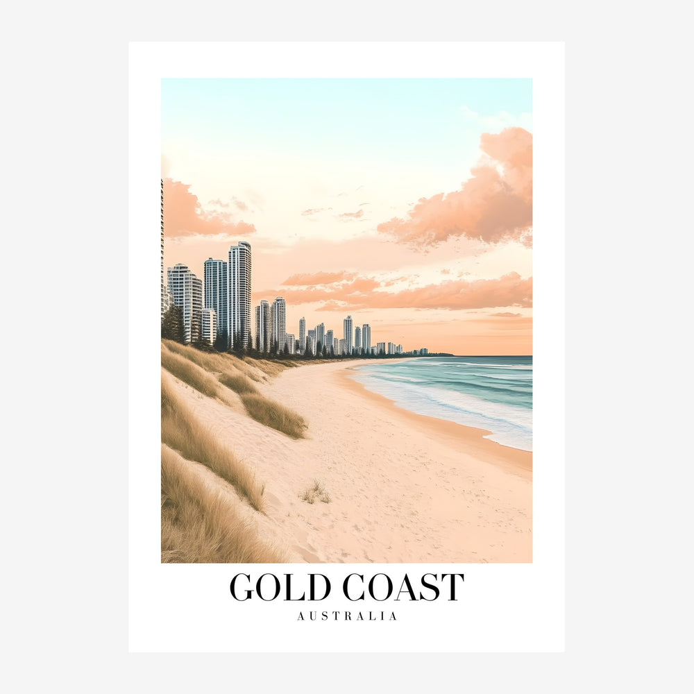 Affiche montrant une plage de sable avec dunes herbeuses au premier plan, eaux turquoise au centre, et gratte-ciel au bord.