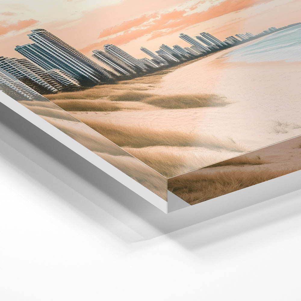 Gros plan de la matière : le tirage sous verre acrylique, tranche transparente visible.