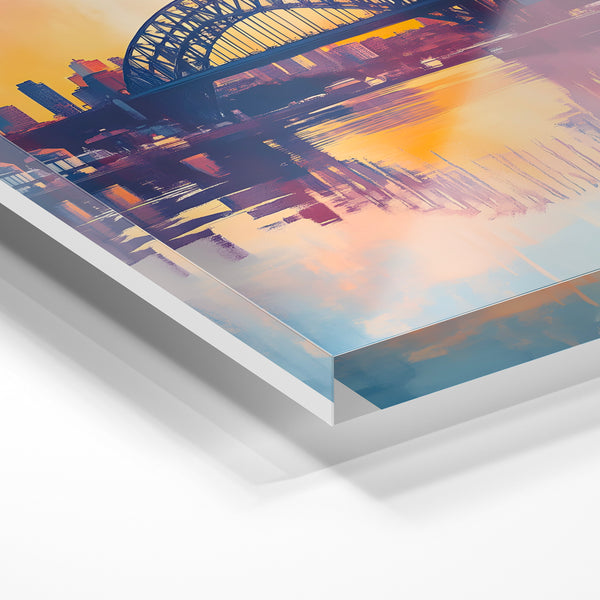 Pont iconique au coucher de soleil, affiche voyage vintage — Verre acrylique
