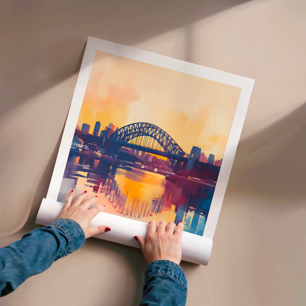 Pont iconique au coucher de soleil, affiche voyage vintage — Poster HP mat