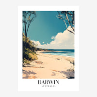 Affiche de voyage stylisée montrant une plage de sable doré encadrée d'arbres au tronc blanc, sous un ciel turquoise avec.