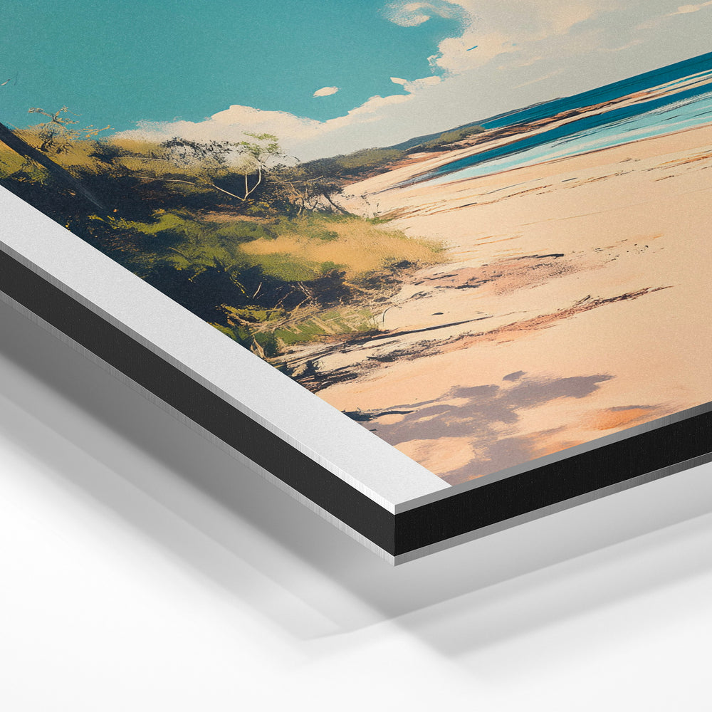 Gros plan de la matière : le tirage contrecollé sur aluminium Dibond mat, tranche visible.