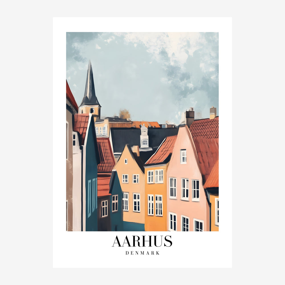 Affiche illustrée représentant les toits colorés et la cathédrale d'Aarhus au Danemark, avec des maisons ocre et terracotta.