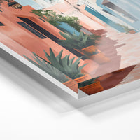 Gros plan de la matière : le tirage sous verre acrylique, tranche transparente visible.
