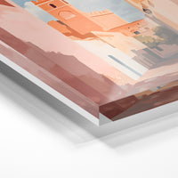 Gros plan de la matière : le tirage sous verre acrylique, tranche transparente visible.