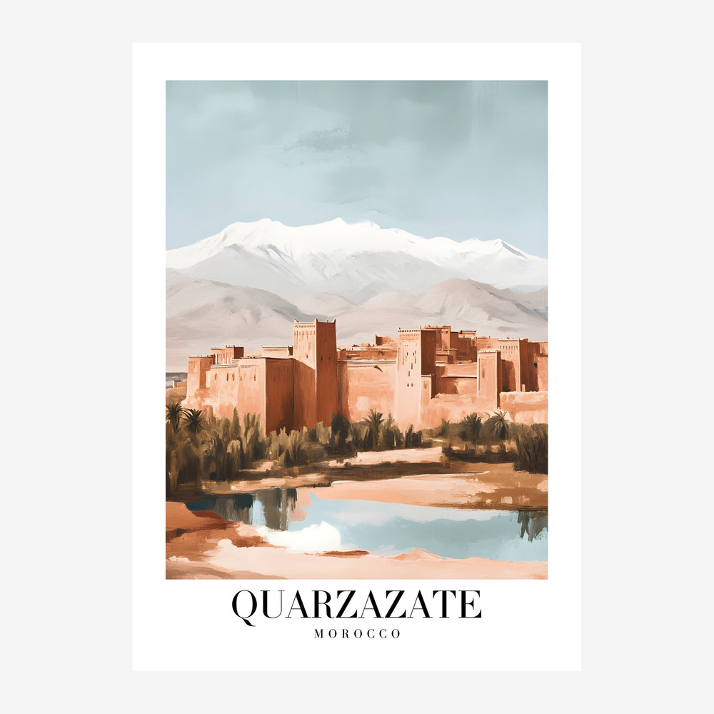 Affiche de voyage représentant une cité fortifiée en terracotta avec des bâtiments traditionnels, entourée de palmeraies et.