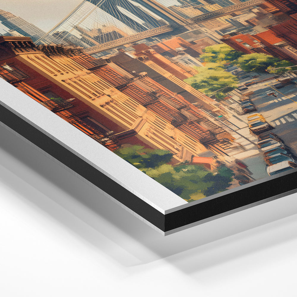 Gros plan de la matière : le tirage contrecollé sur aluminium Dibond mat, tranche visible.