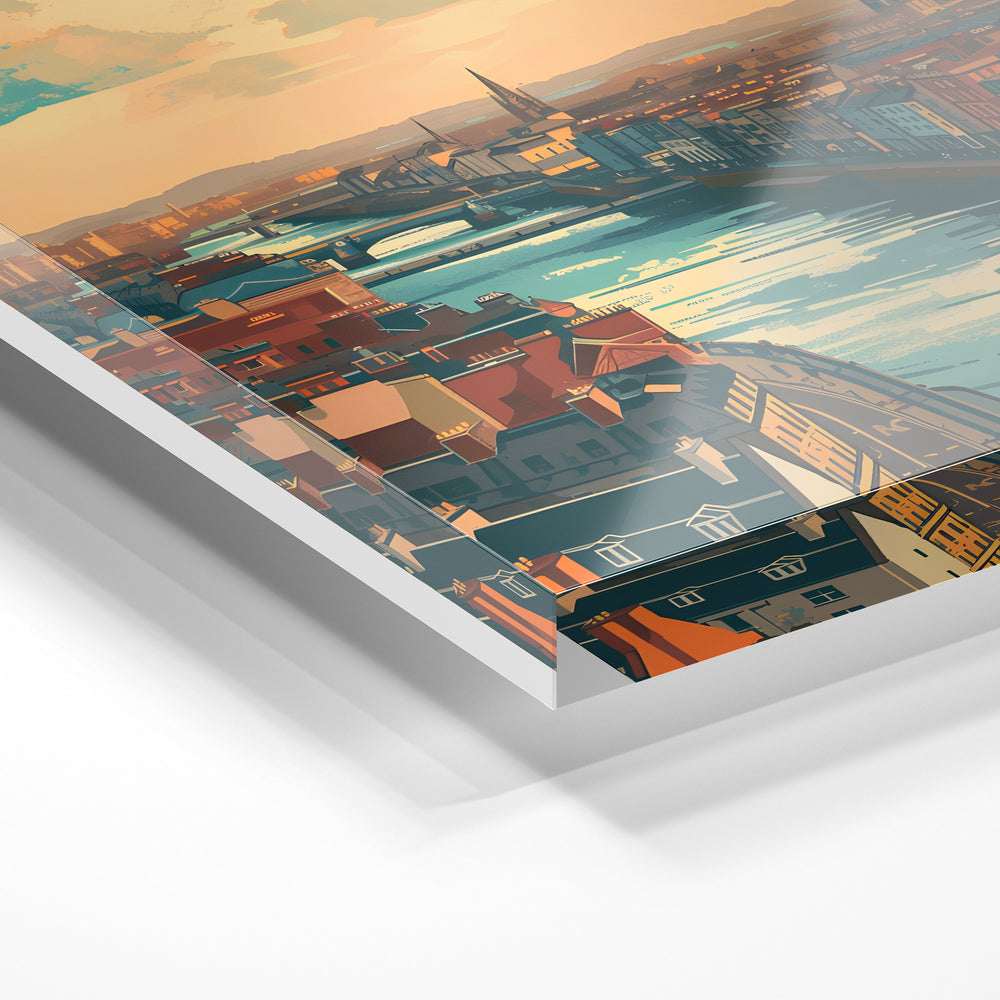 Gros plan de la matière : le tirage sous verre acrylique, tranche transparente visible.