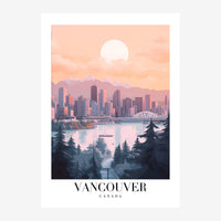 Affiche de voyage illustrant Vancouver avec un immense soleil blanc, des gratte-ciels dans des tons bleus et roses, des.