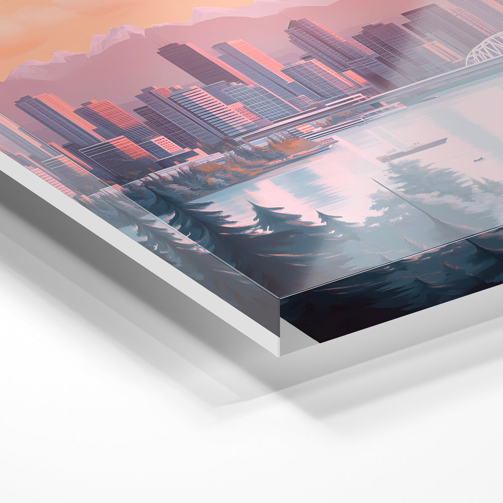 Gros plan de la matière : le tirage sous verre acrylique, tranche transparente visible.