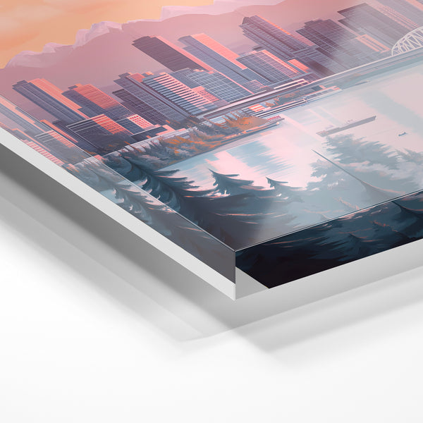 Vancouver au coucher de soleil, affiche voyage rose et violet — Verre acrylique