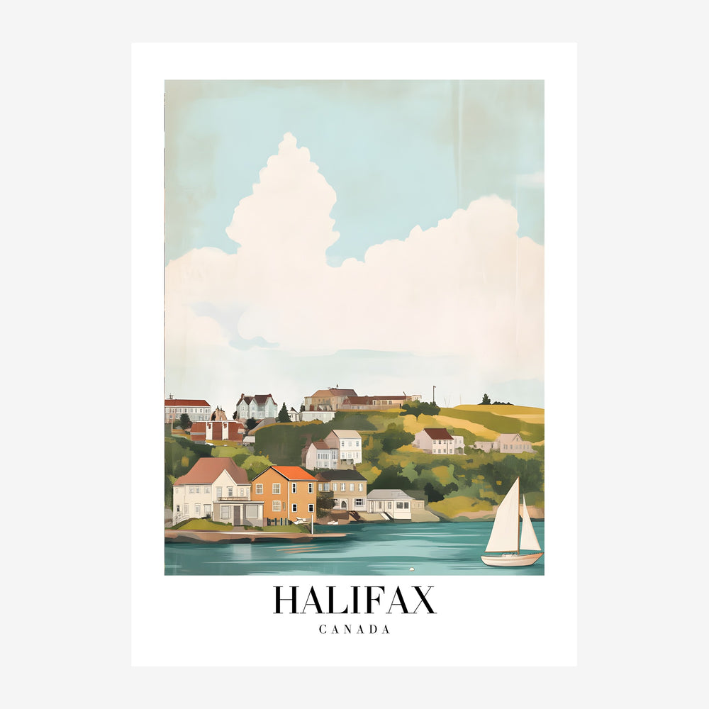 Affiche de voyage représentant la baie de Halifax avec des maisons colorées sur les collines, un voilier blanc sur l'eau.