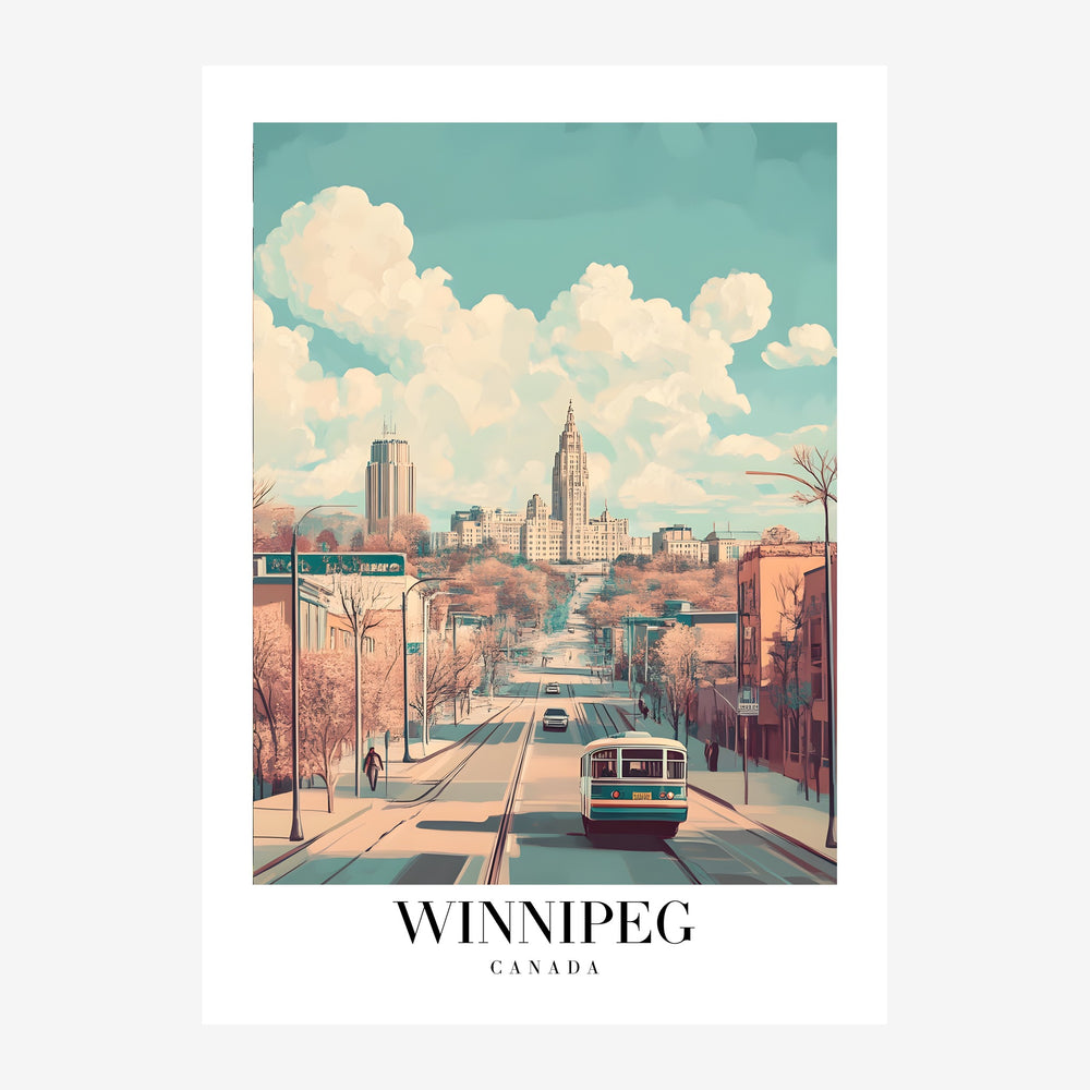 Affiche de voyage style vintage représentant une rue de Winnipeg avec un tramway rouge et blanc, des bâtiments en briques.