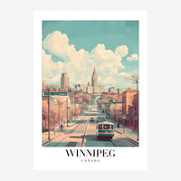 Affiche de voyage style vintage représentant une rue de Winnipeg avec un tramway rouge et blanc, des bâtiments en briques.