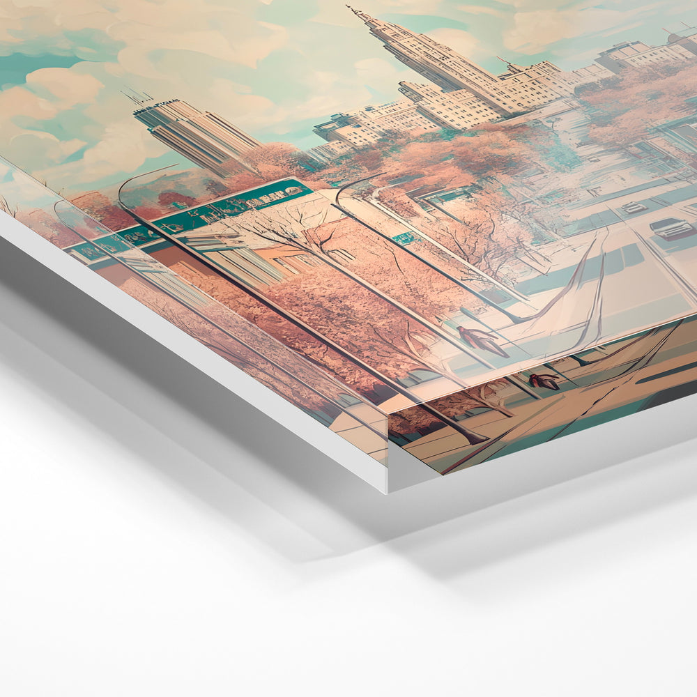 Gros plan de la matière : le tirage sous verre acrylique, tranche transparente visible.