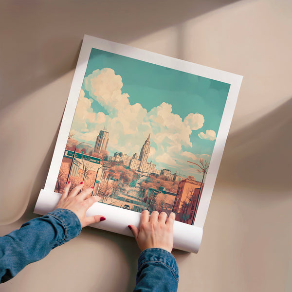 Winnipeg style vintage, tramway et skyline bleu terracotta — Poster HP mat