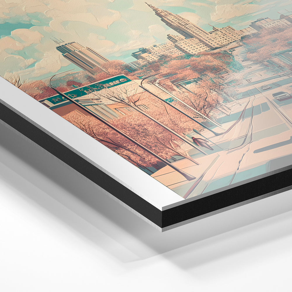 Gros plan du relief : la surépaisseur d'encre en lumière rasante sur aluminium Dibond.