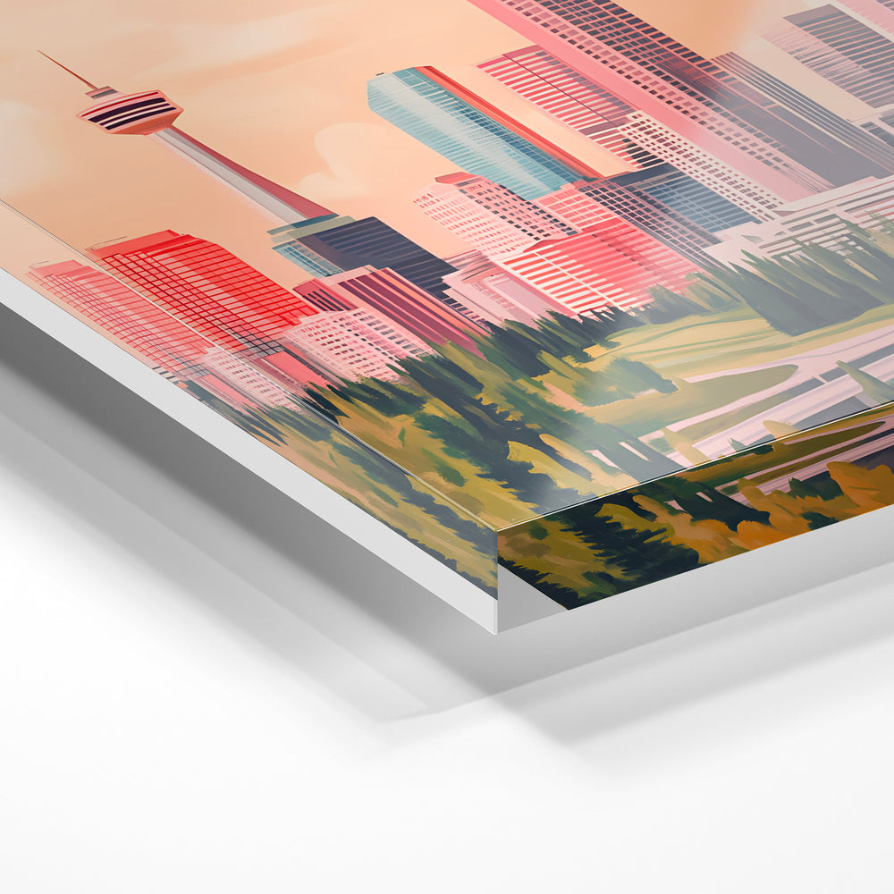 Gros plan de la matière : le tirage sous verre acrylique, tranche transparente visible.