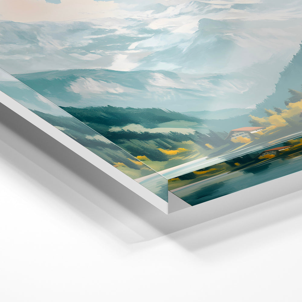 Gros plan de la matière : le tirage sous verre acrylique, tranche transparente visible.