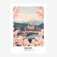 Affiche de voyage représentant la ville de Bern encadrée de fleurs roses, avec ses bâtiments historiques, une église, et les.