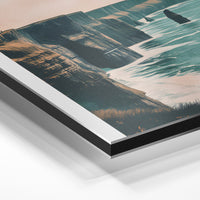 Gros plan de la matière : le tirage contrecollé sur aluminium Dibond mat, tranche visible.