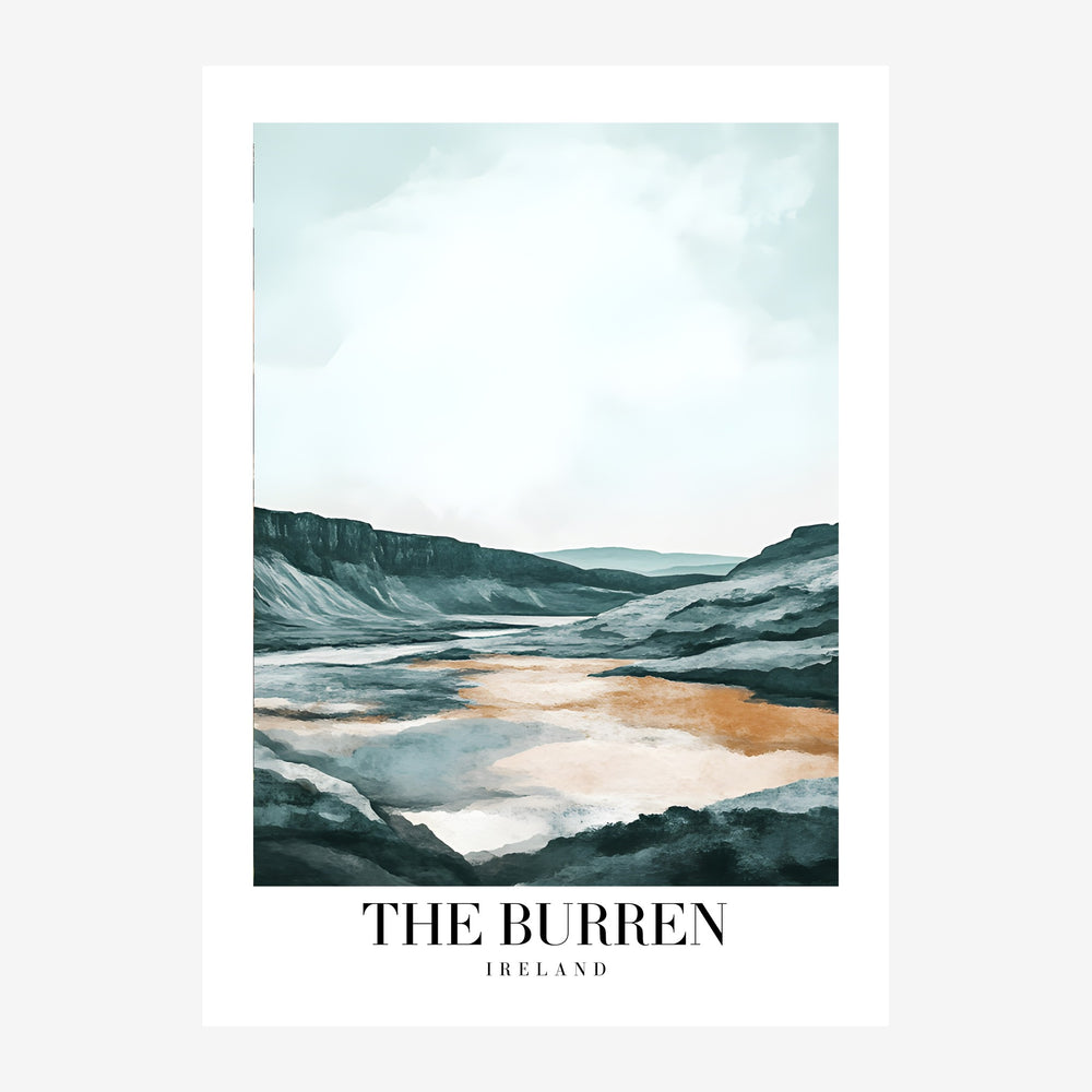 Affiche de voyage montrant un paysage minéral irlandais avec des collines rocheuses en gris-bleu encadrant un lac de.