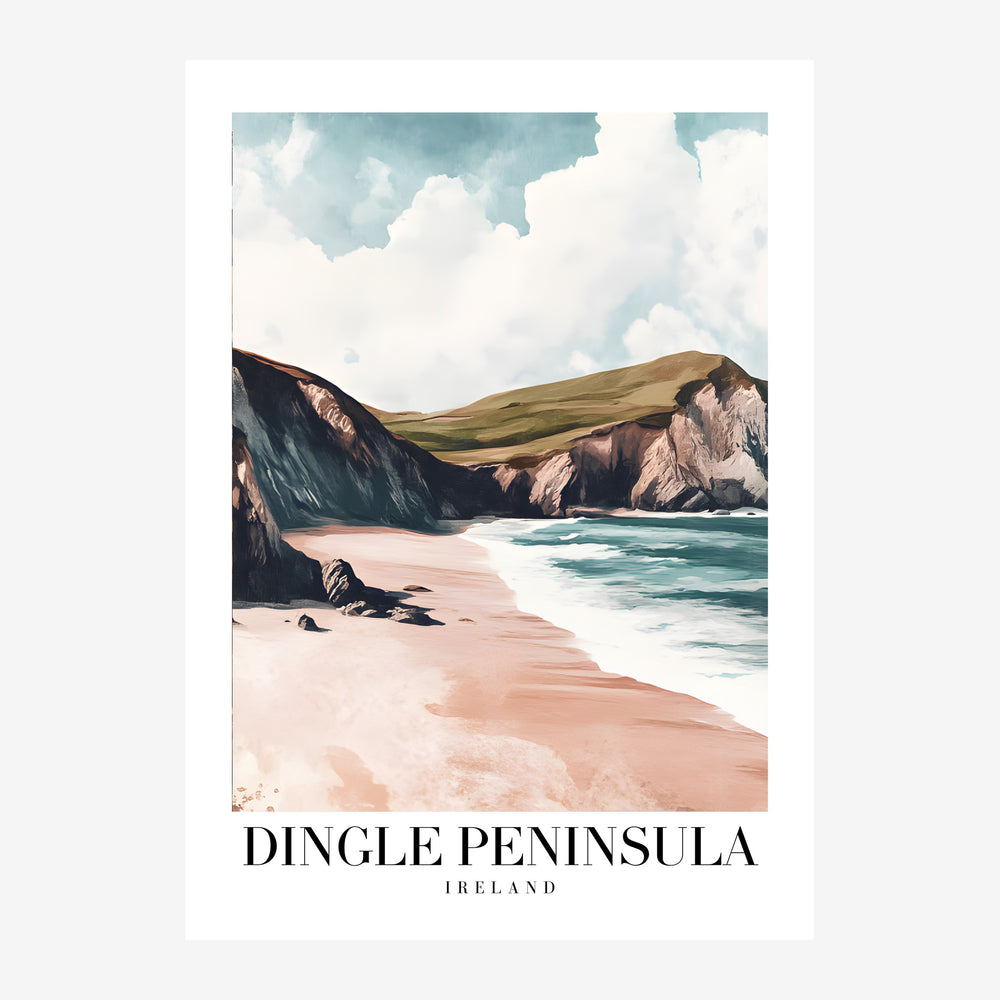 Affiche représentant une plage de sable rose encadrée par des falaises rocheuses sombres, avec une baie turquoise et un ciel.