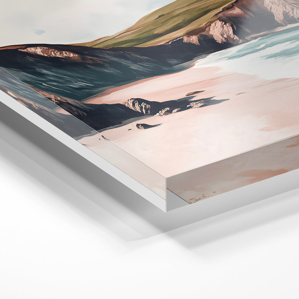 Gros plan de la matière : le tirage sous verre acrylique, tranche transparente visible.