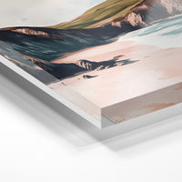 Gros plan de la matière : le tirage sous verre acrylique, tranche transparente visible.