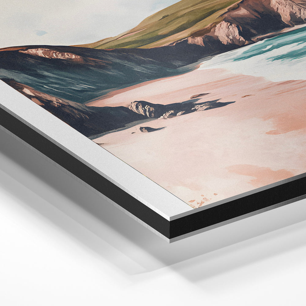 Gros plan de la matière : le tirage contrecollé sur aluminium Dibond mat, tranche visible.