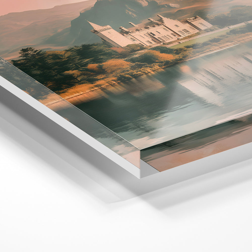Gros plan de la matière : le tirage sous verre acrylique, tranche transparente visible.