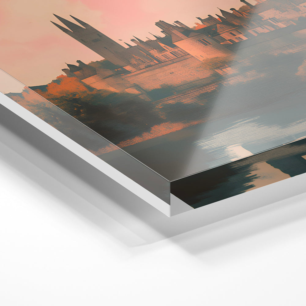 Gros plan de la matière : le tirage sous verre acrylique, tranche transparente visible.