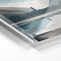 Gros plan de la matière : le tirage sous verre acrylique, tranche transparente visible.