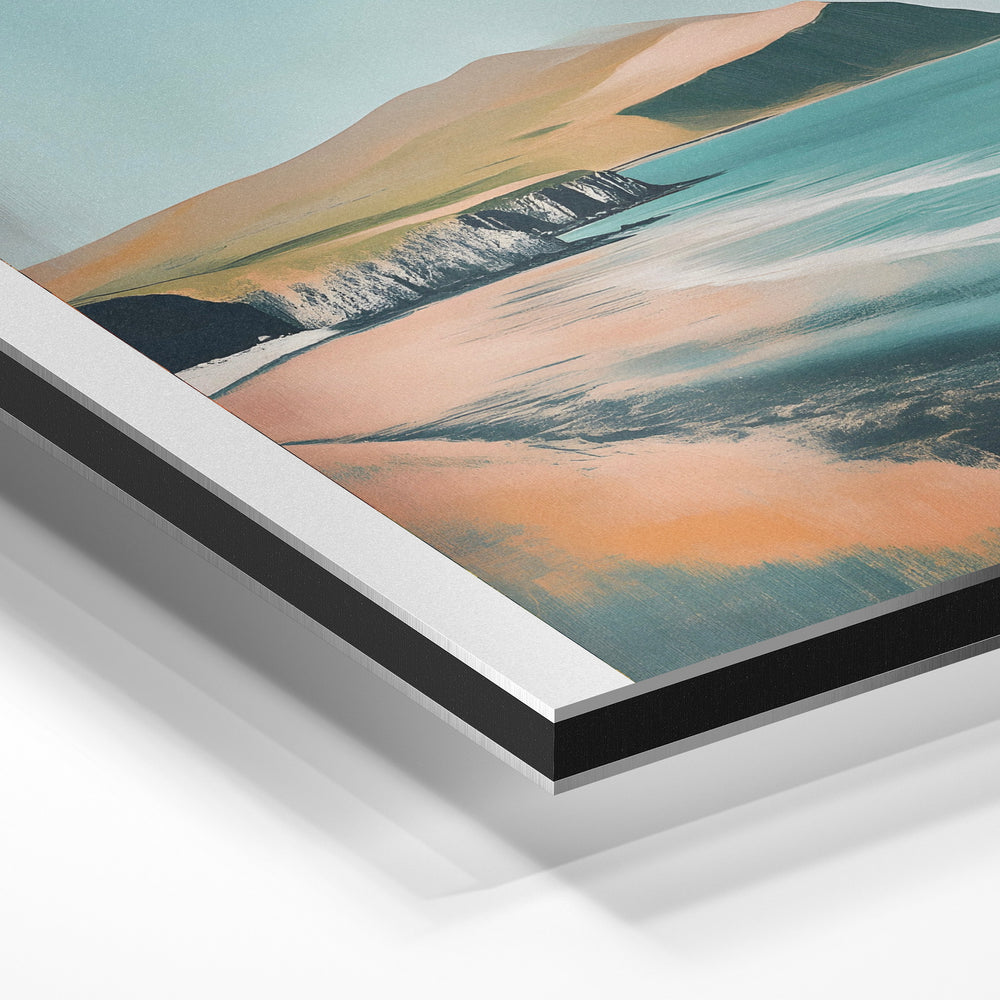 Gros plan de la matière : le tirage contrecollé sur aluminium Dibond mat, tranche visible.
