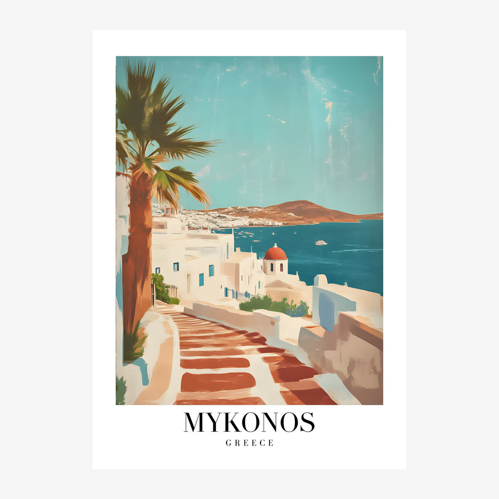 Affiche de voyage représentant une vue ensoleillée de Mykonos avec des bâtiments blancs, un dôme rouge, une rue pavée en.