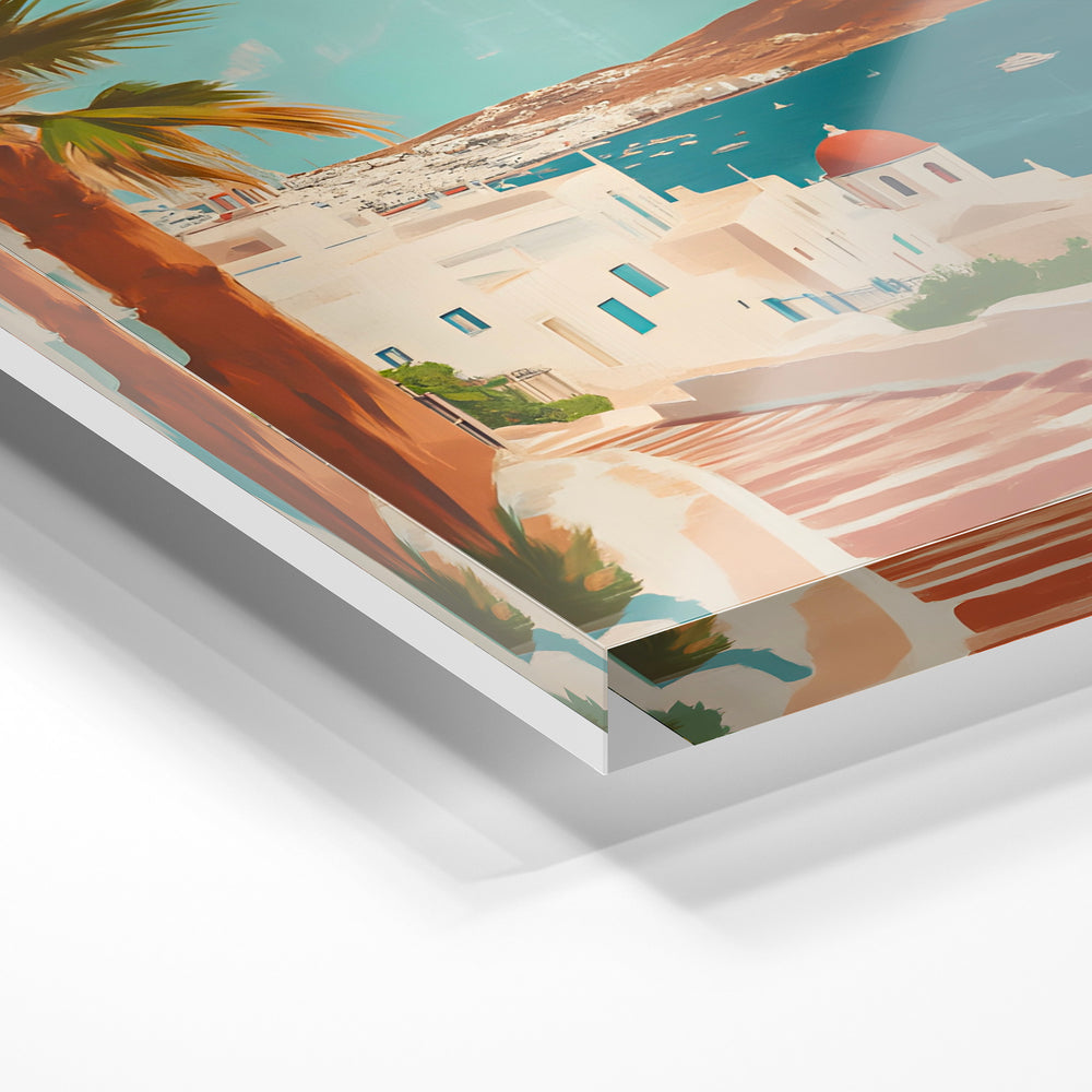 Gros plan de la matière : le tirage sous verre acrylique, tranche transparente visible.